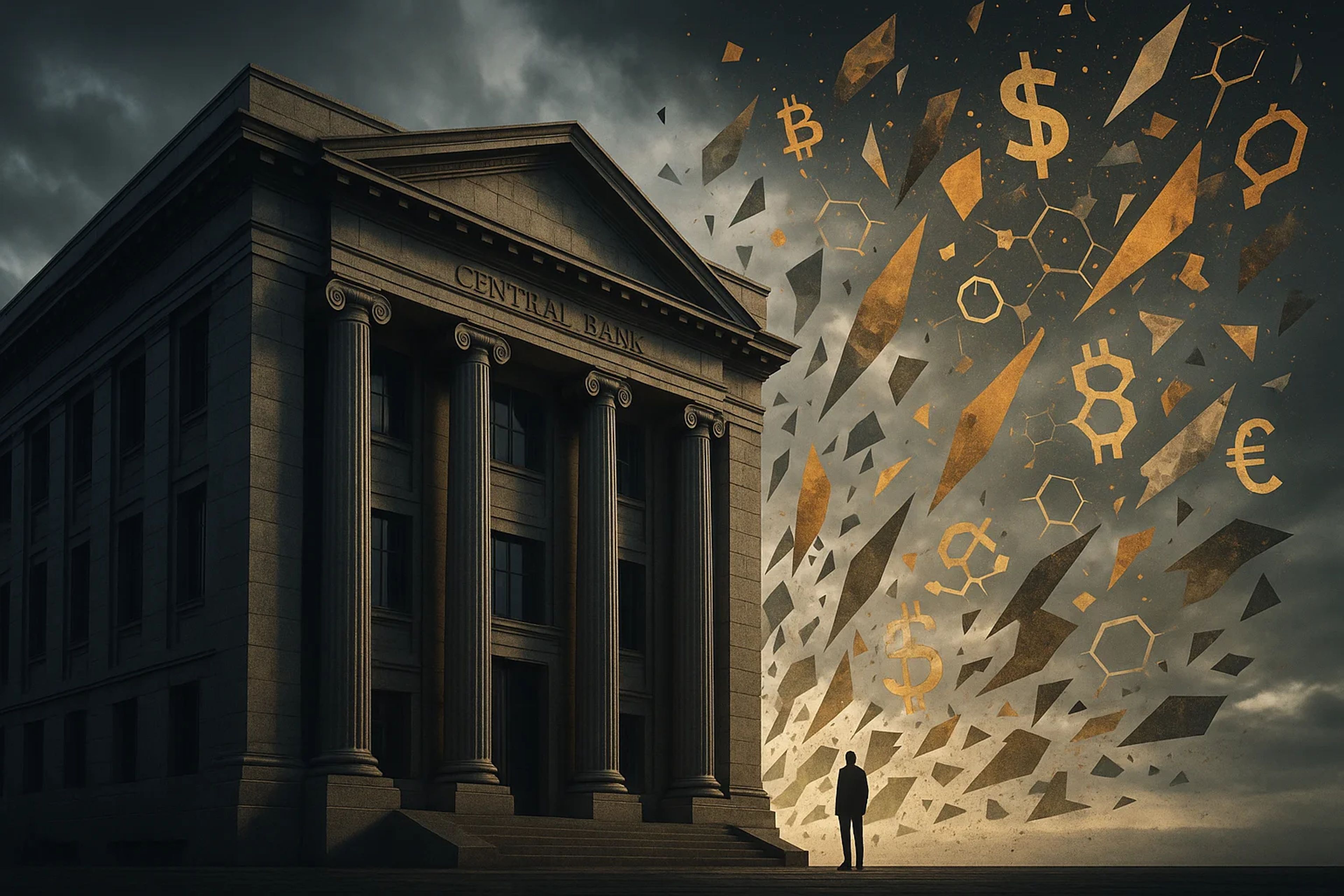 A grand building with columns under a dramatic