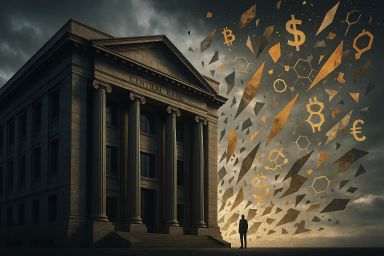A grand building with columns under a dramatic