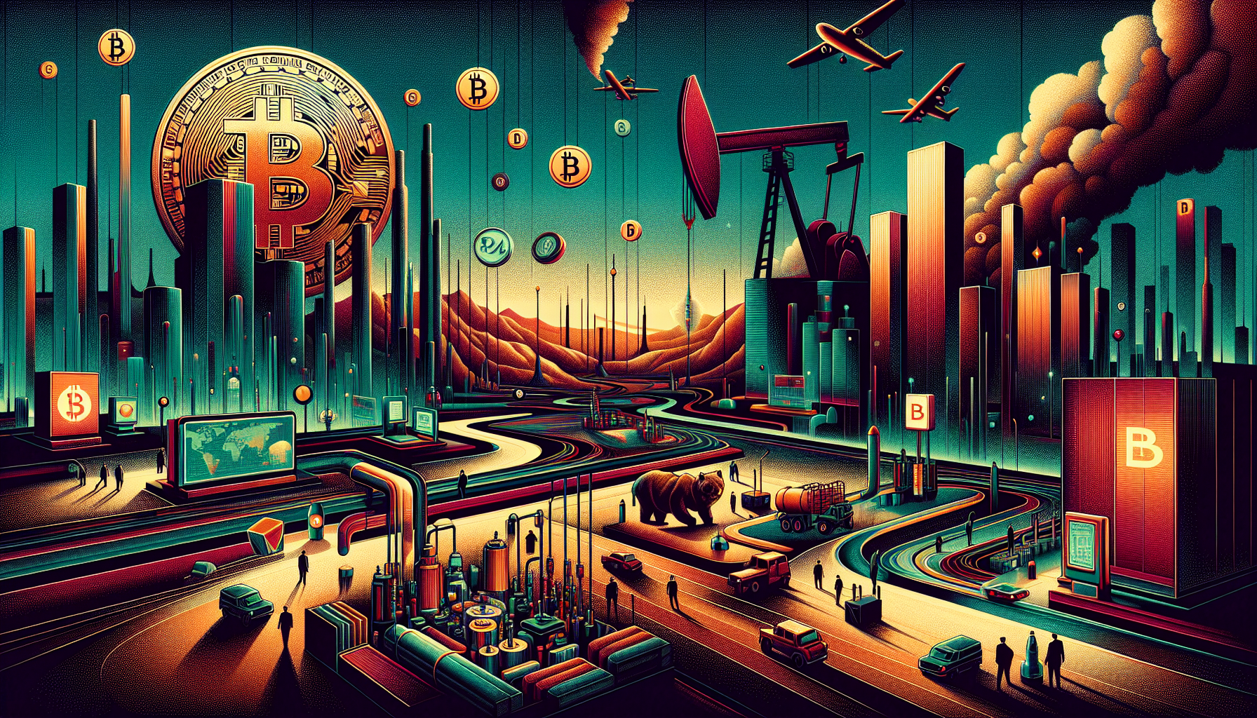 Futuristic cityscape with Bitcoin symbols, oil