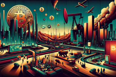 Futuristic cityscape with Bitcoin symbols, oil
