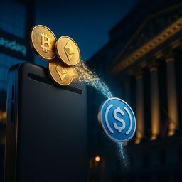 Digital coins floating above a smartphone at night