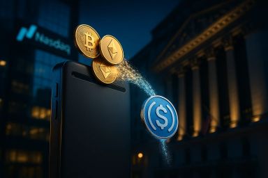 Digital coins floating above a smartphone at night