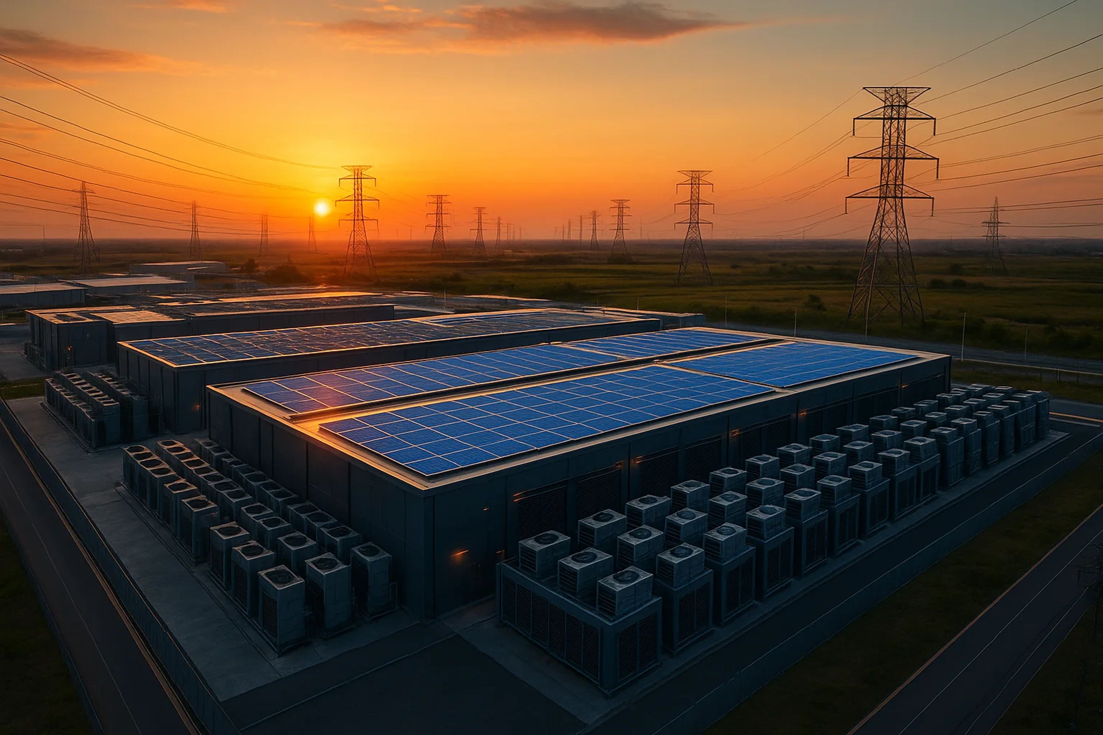 Industrial building with solar panels at sunset