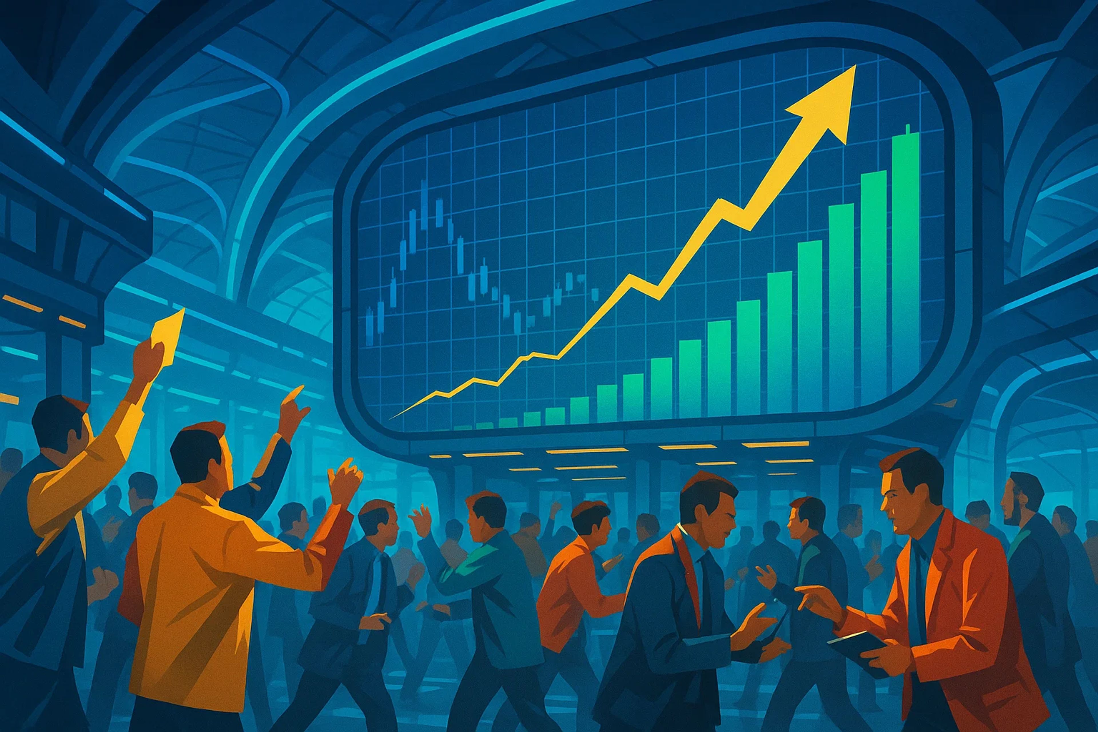Crowd of people in a trading environment with a