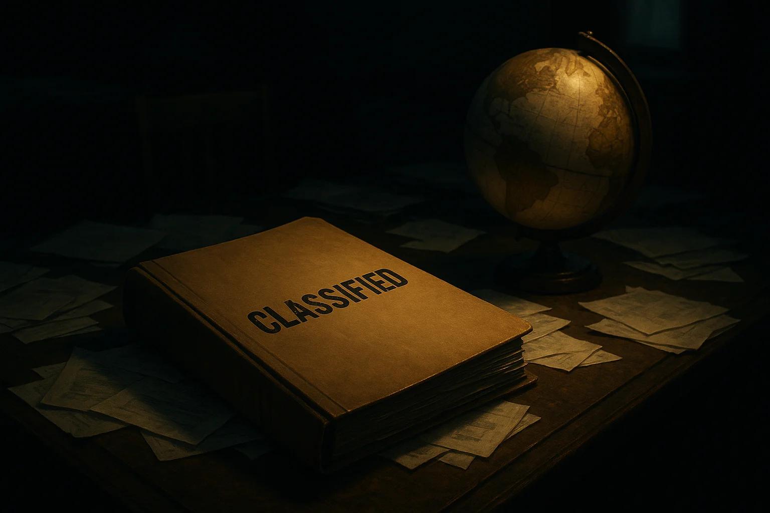 A large book labeled 'CLASSIFIED' on a table with