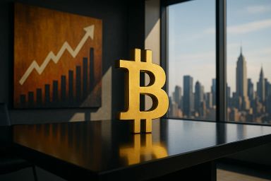 Golden Bitcoin symbol on a dark table with city