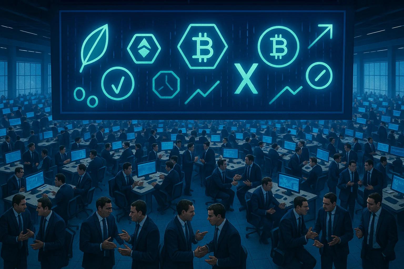 A large room filled with people in suits, working