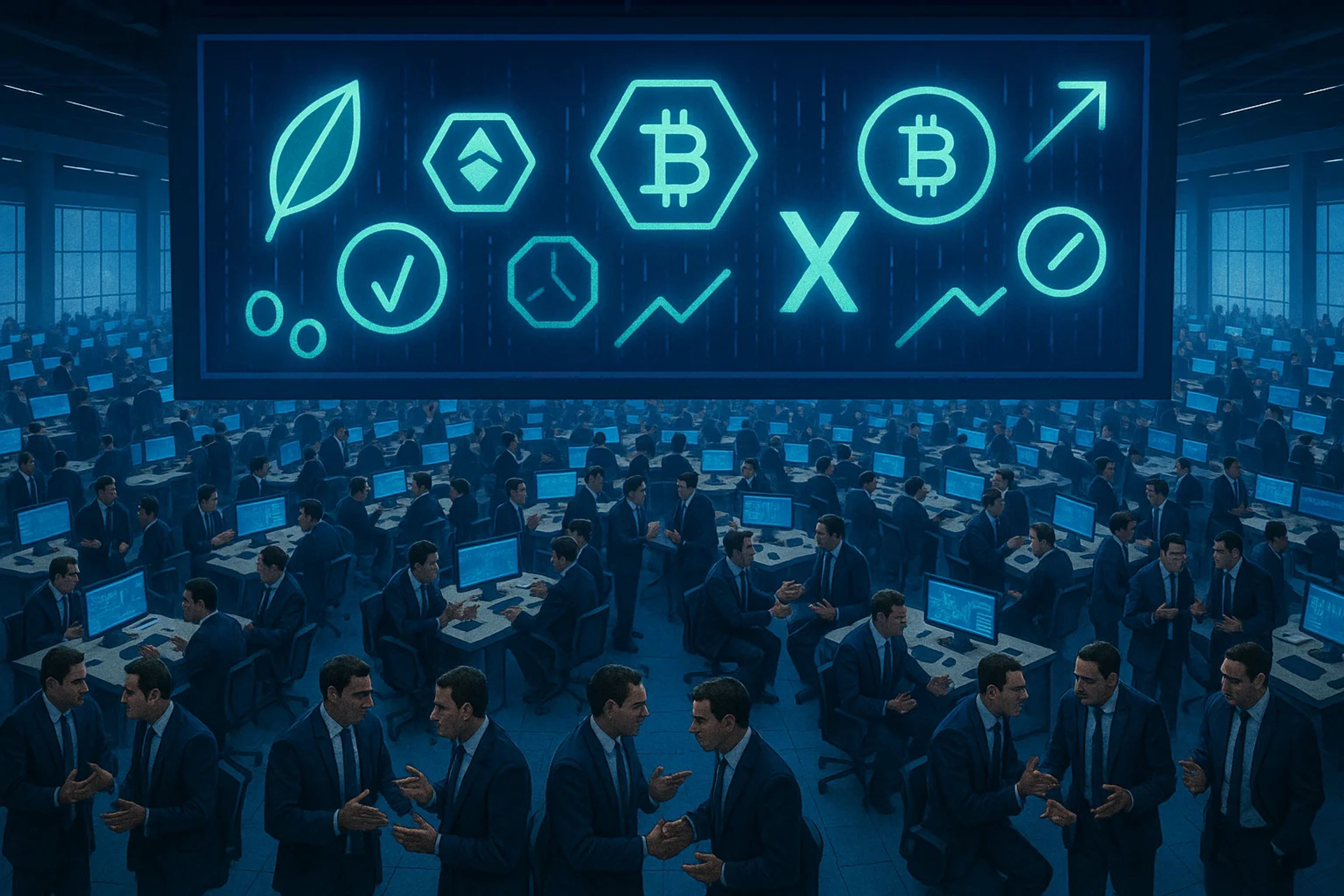 A large room filled with people in suits, working