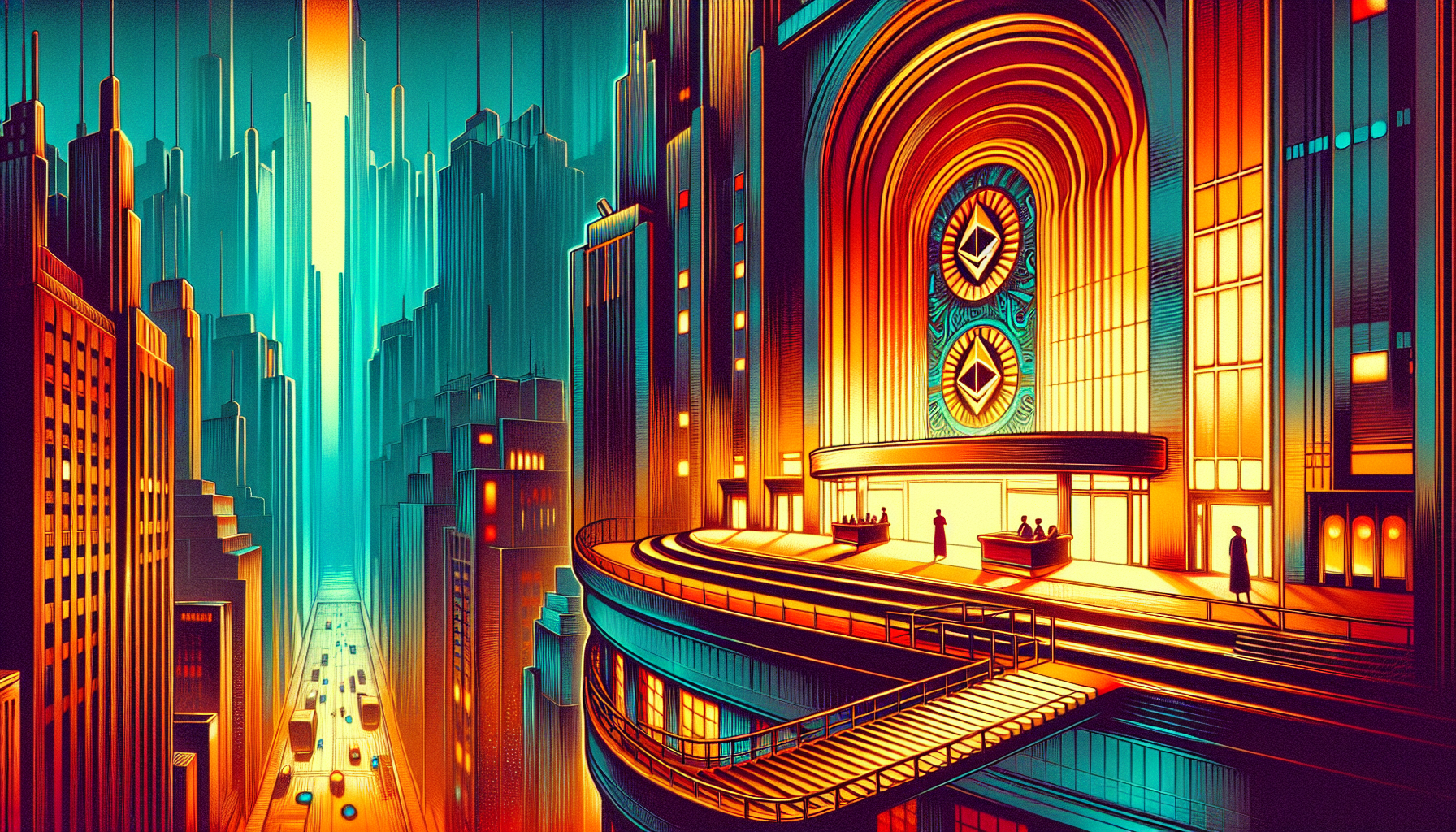 Futuristic cityscape with vibrant colors and tall