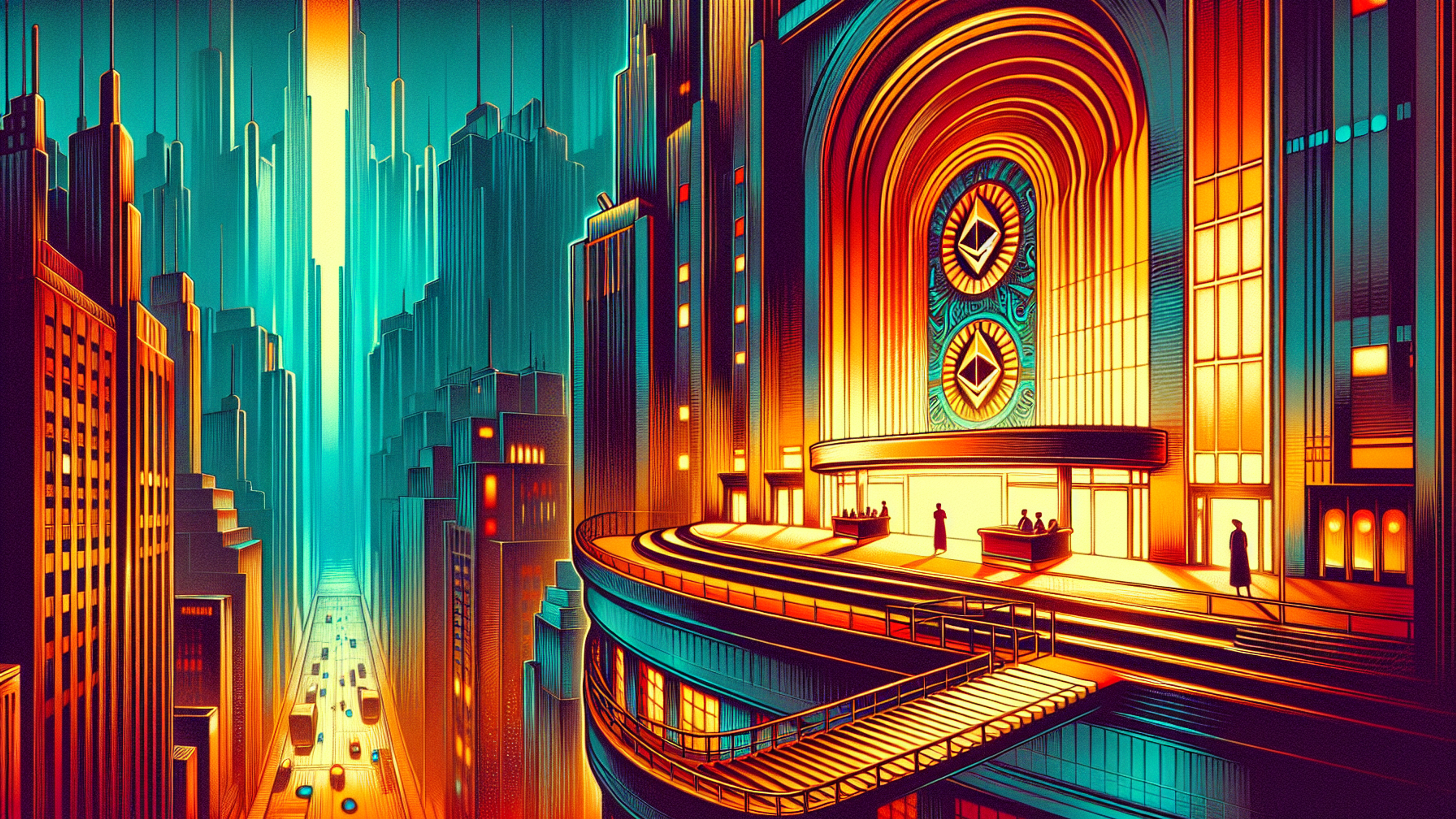 Futuristic cityscape with vibrant colors and tall