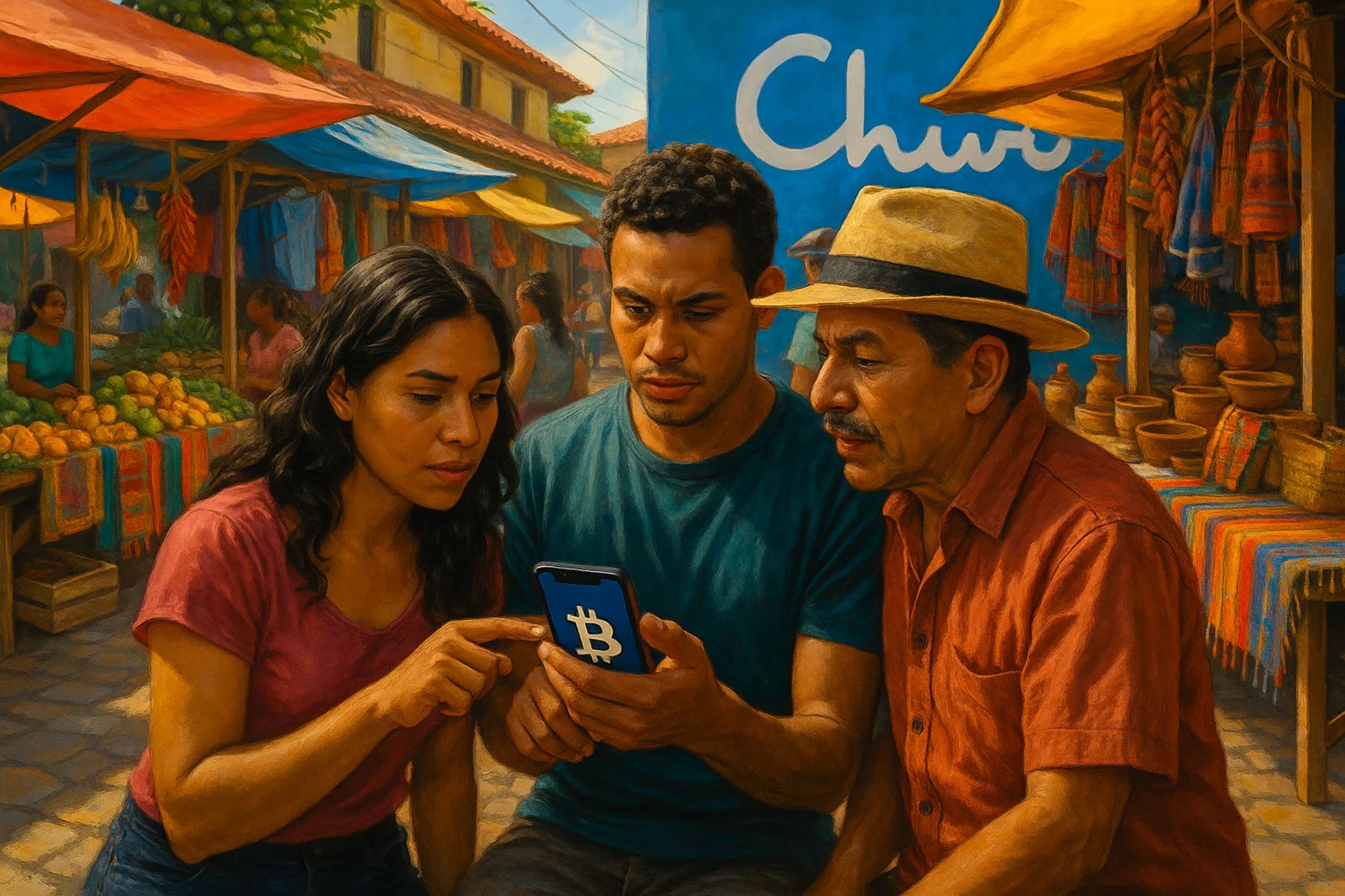 Three people examining a smartphone in a vibrant