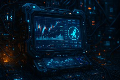 Futuristic monitor displaying financial graphs