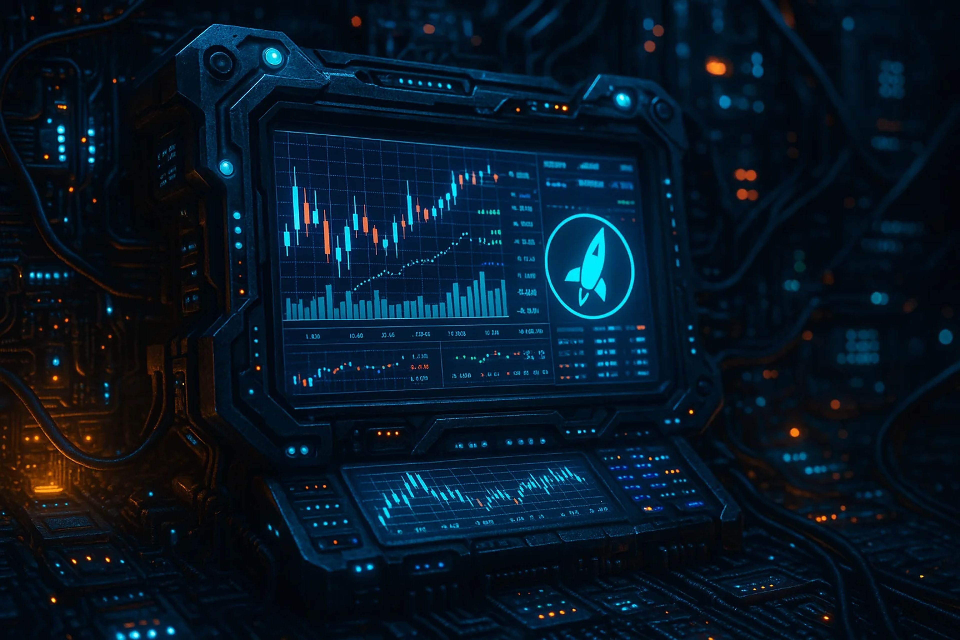 Futuristic monitor displaying financial graphs