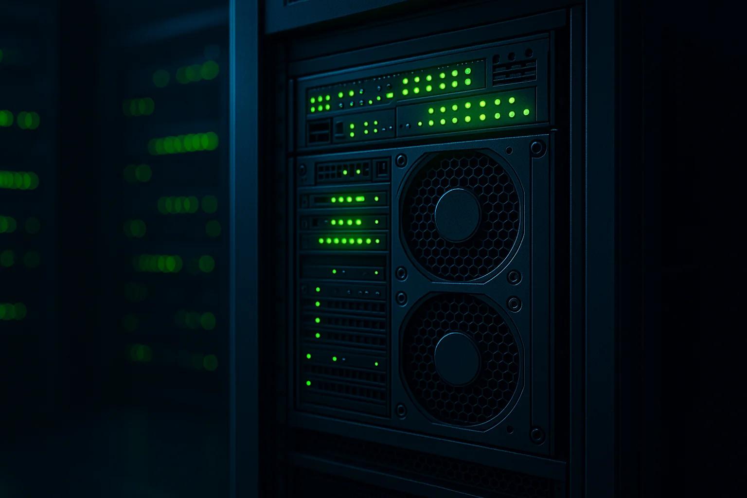 Close-up of a server rack with green indicator