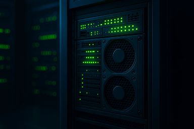 Close-up of a server rack with green indicator