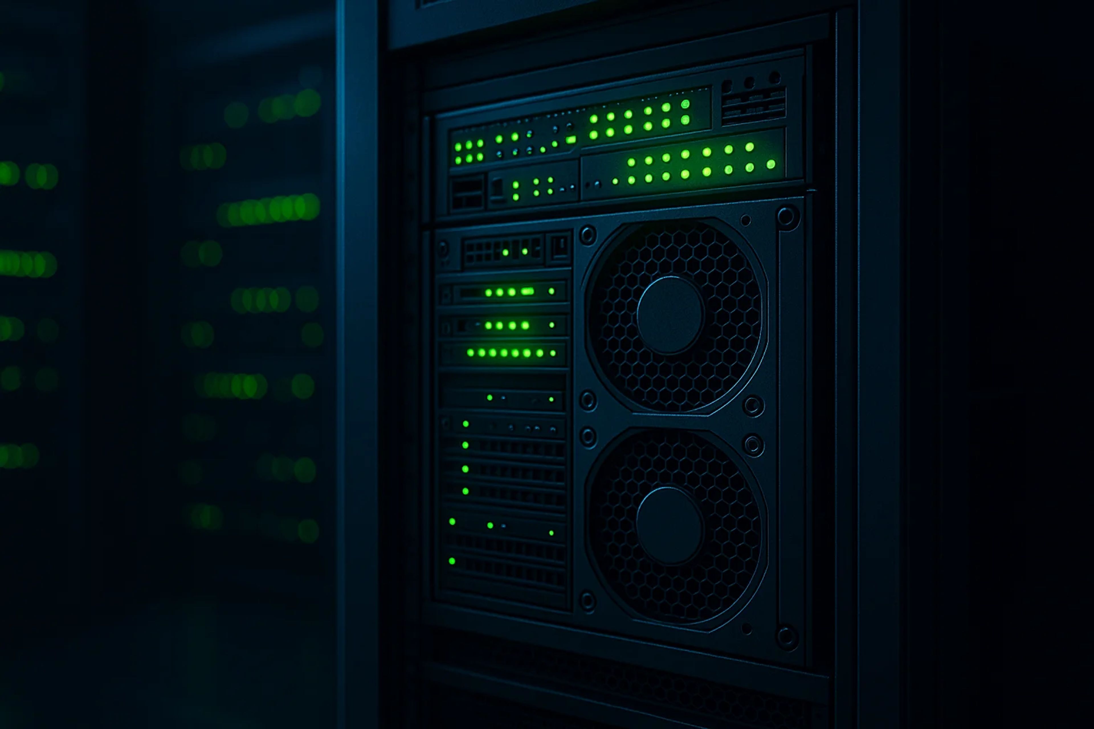 Close-up of a server rack with green indicator