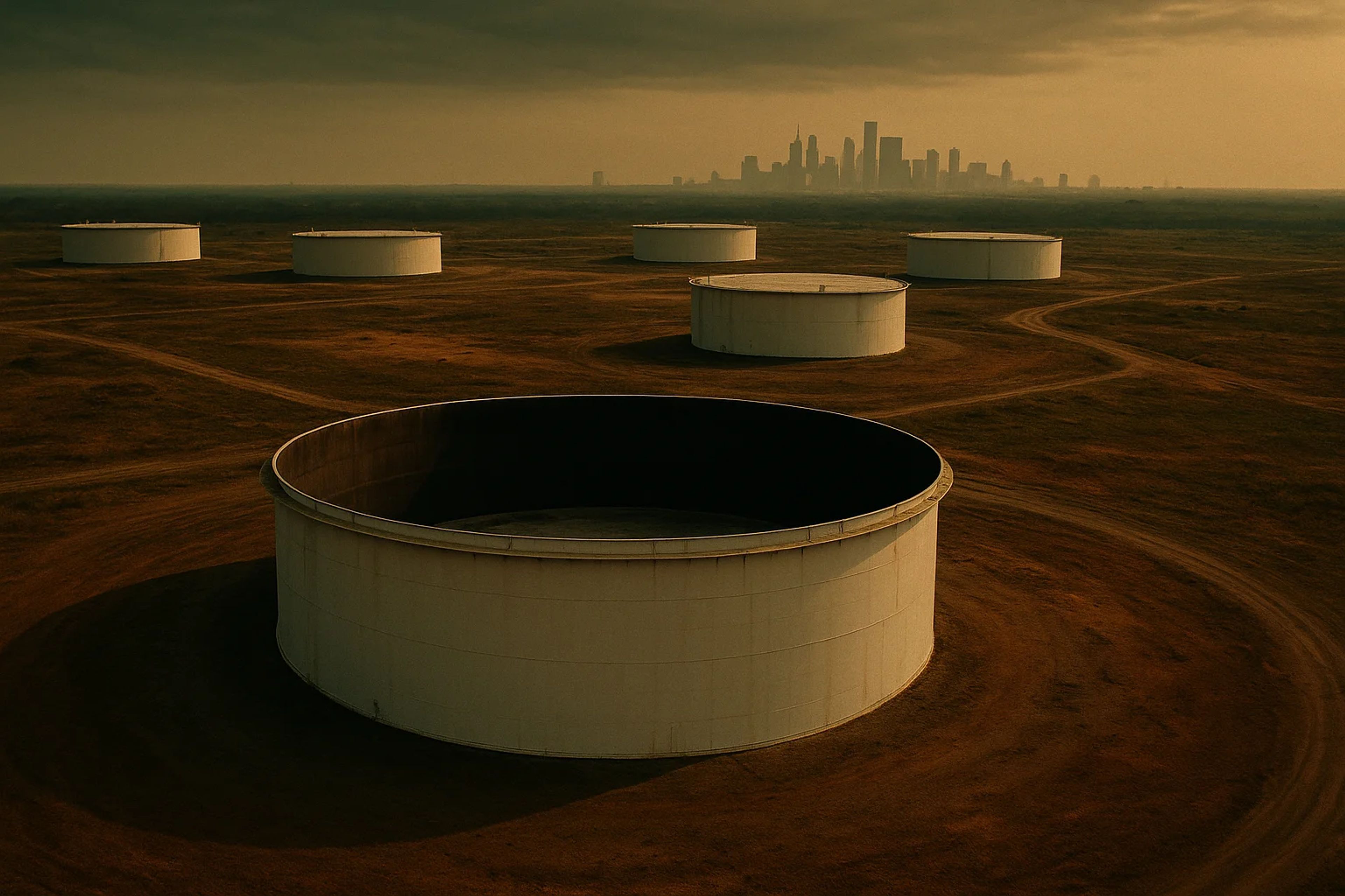 Large industrial storage tanks on barren land