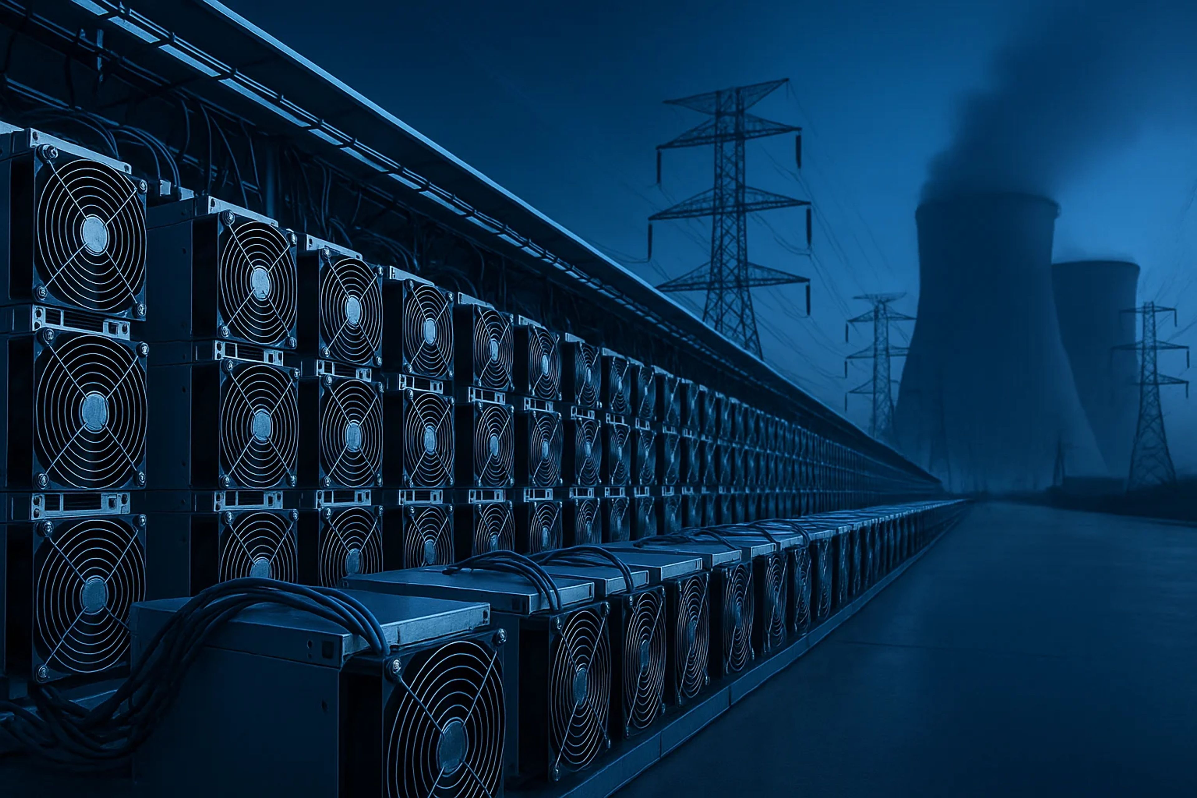 Rows of mining equipment with cooling fans, blue