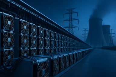Rows of mining equipment with cooling fans, blue