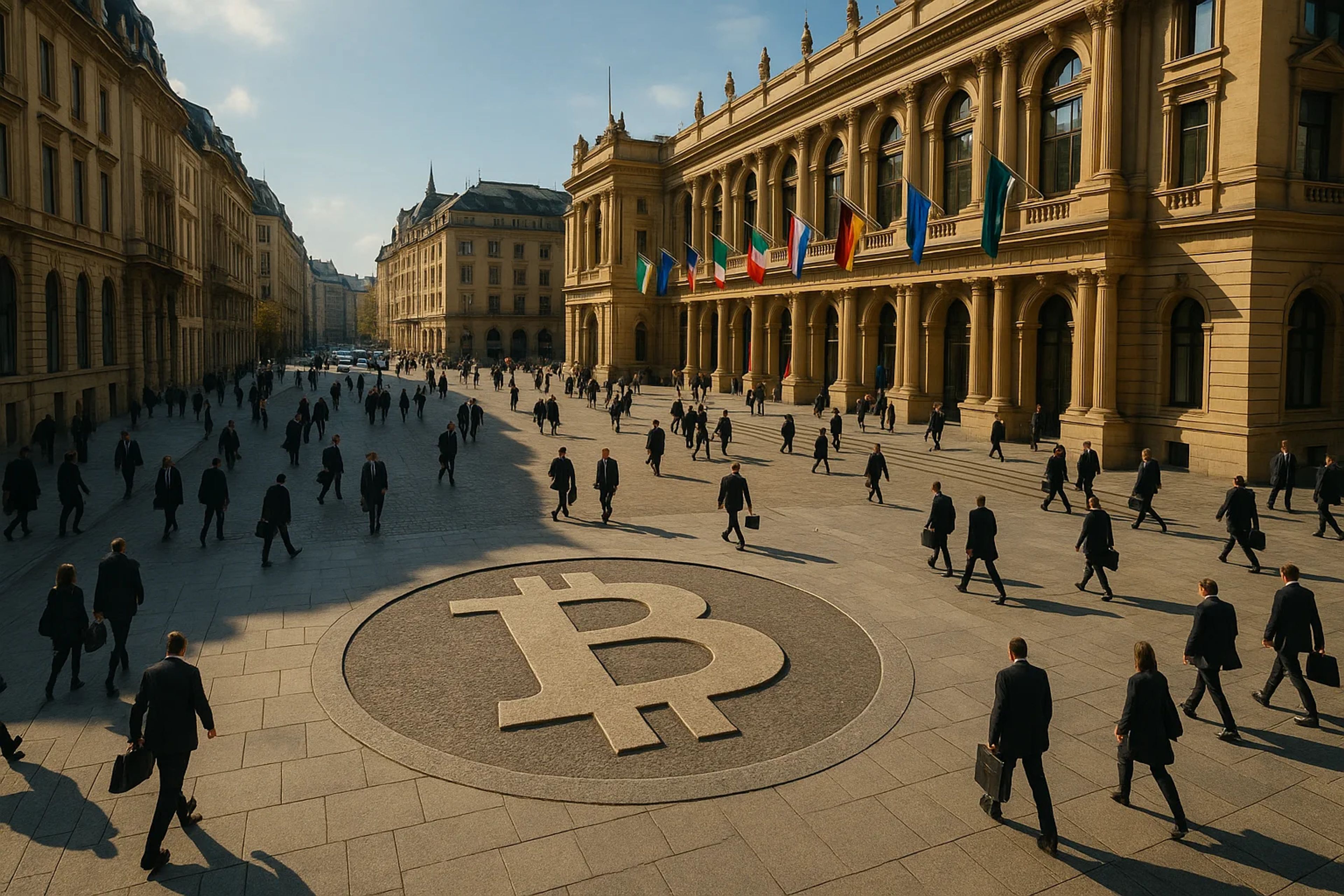 Crowd of people walking in a plaza with a large