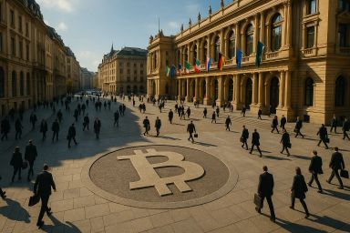 Crowd of people walking in a plaza with a large