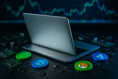 A laptop surrounded by various cryptocurrency