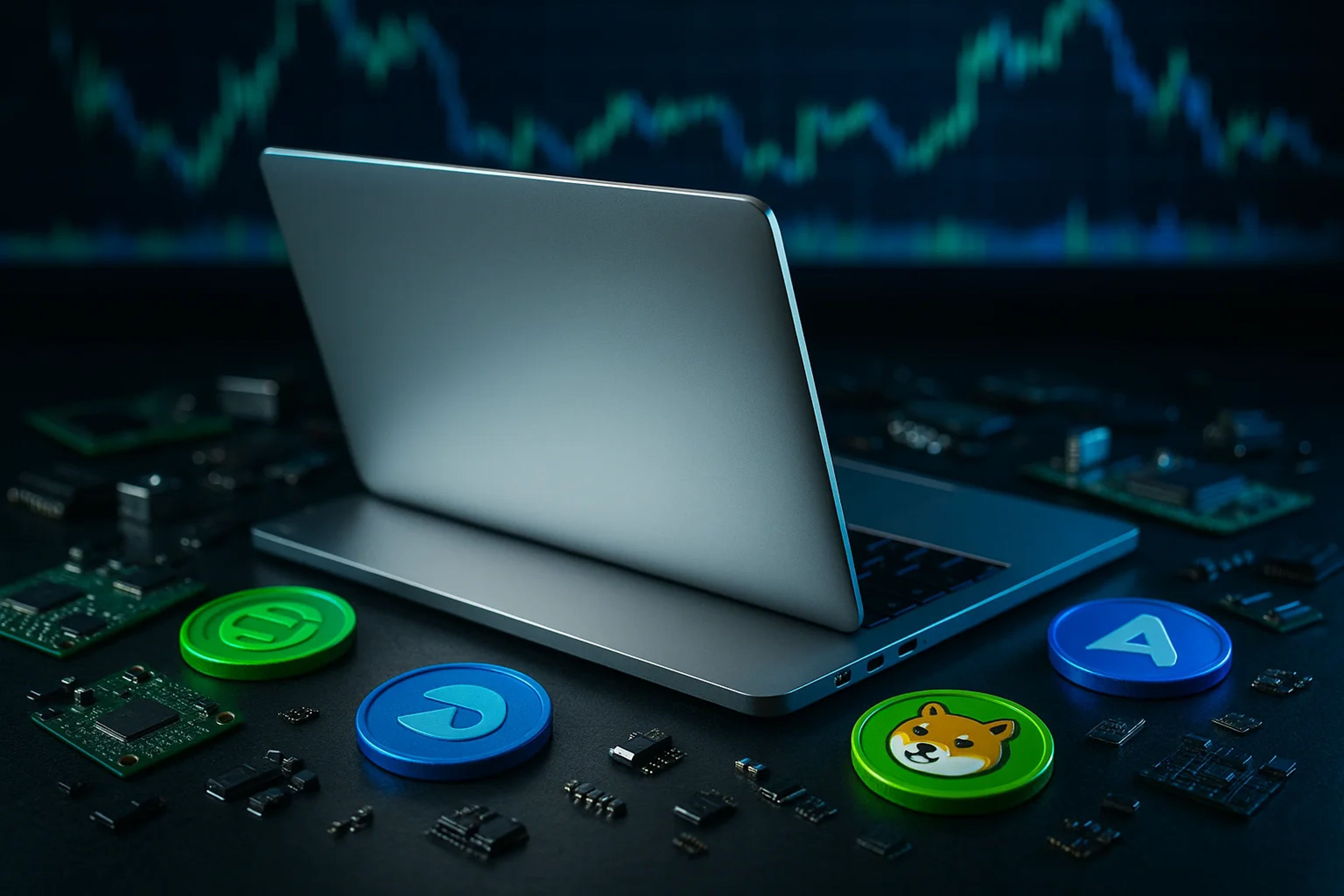A laptop surrounded by various cryptocurrency