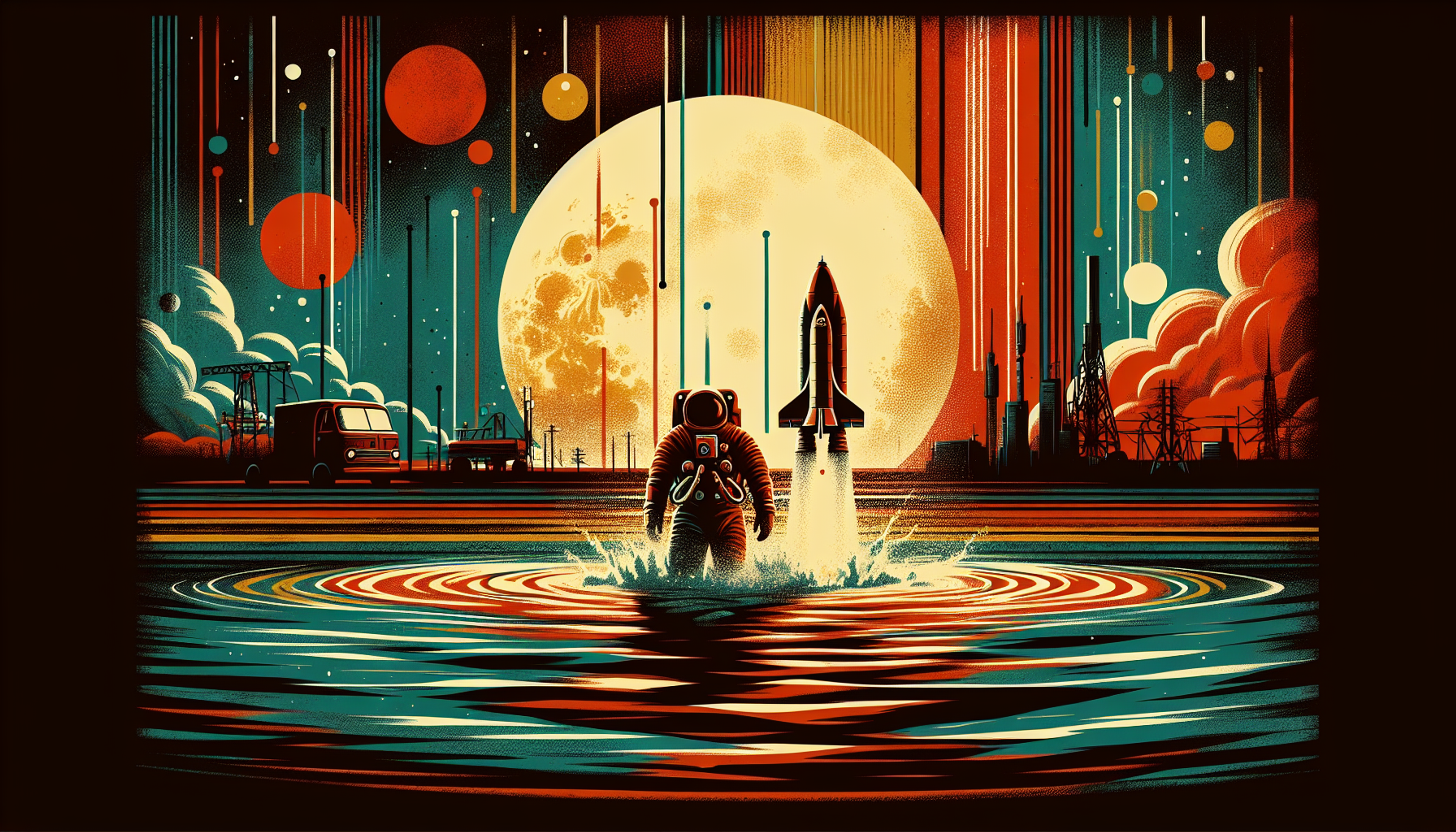An astronaut stands in water, with a rocket