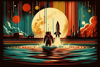 An astronaut stands in water, with a rocket