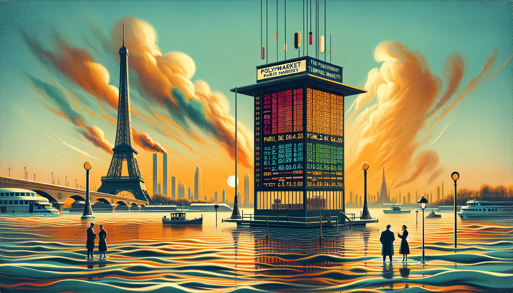 Silhouetted figures by a river at sunset, with