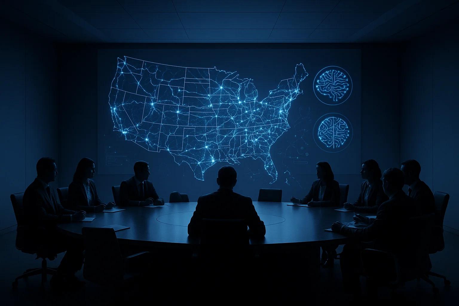 Silhouetted figures around a circular table with
