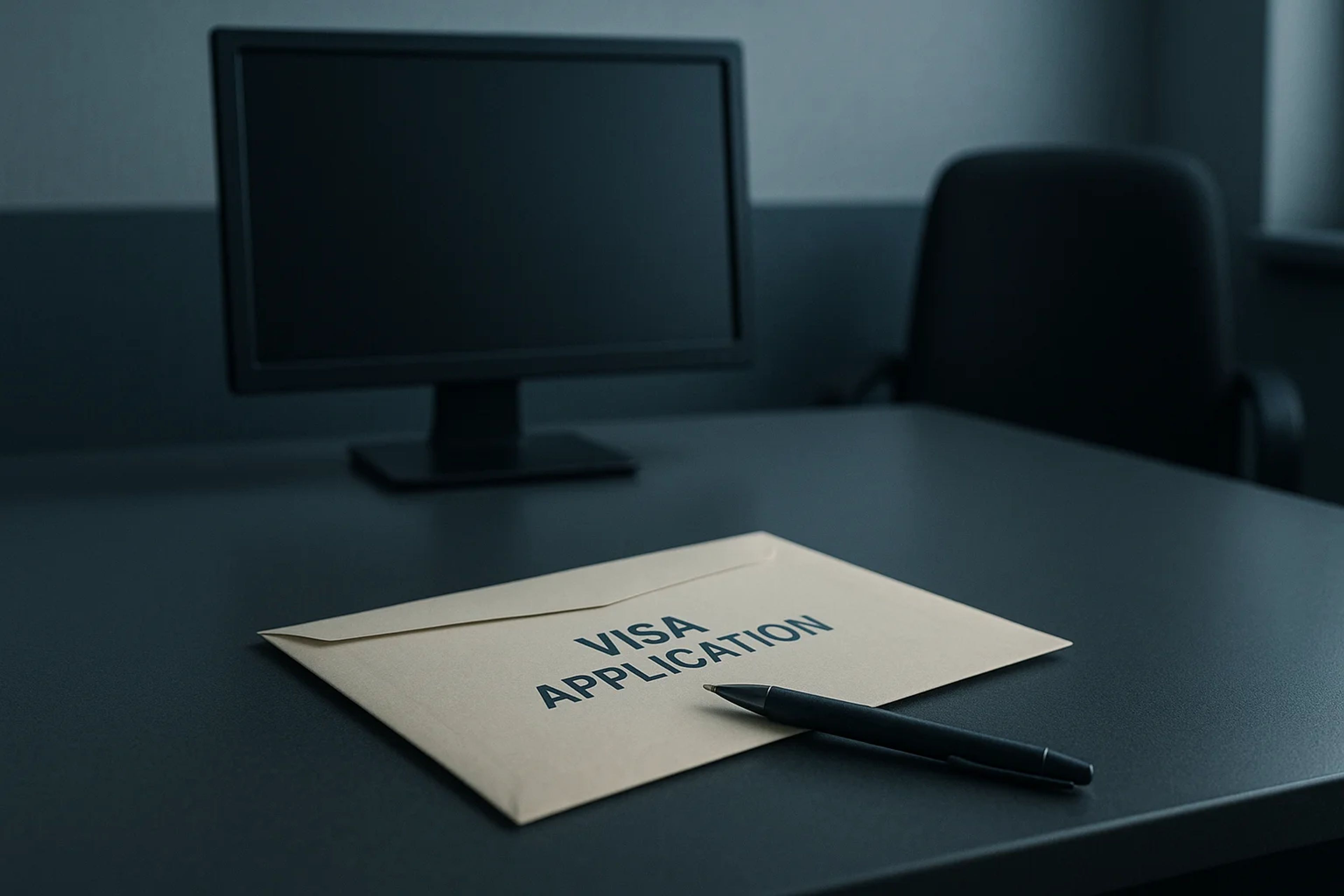 A visa application envelope on a desk with a pen