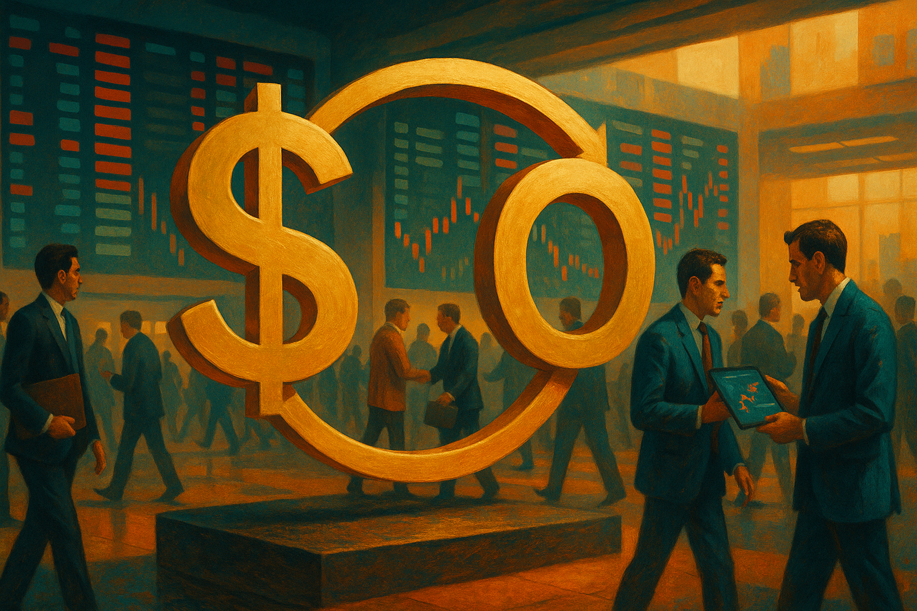 Business professionals in a bustling financial