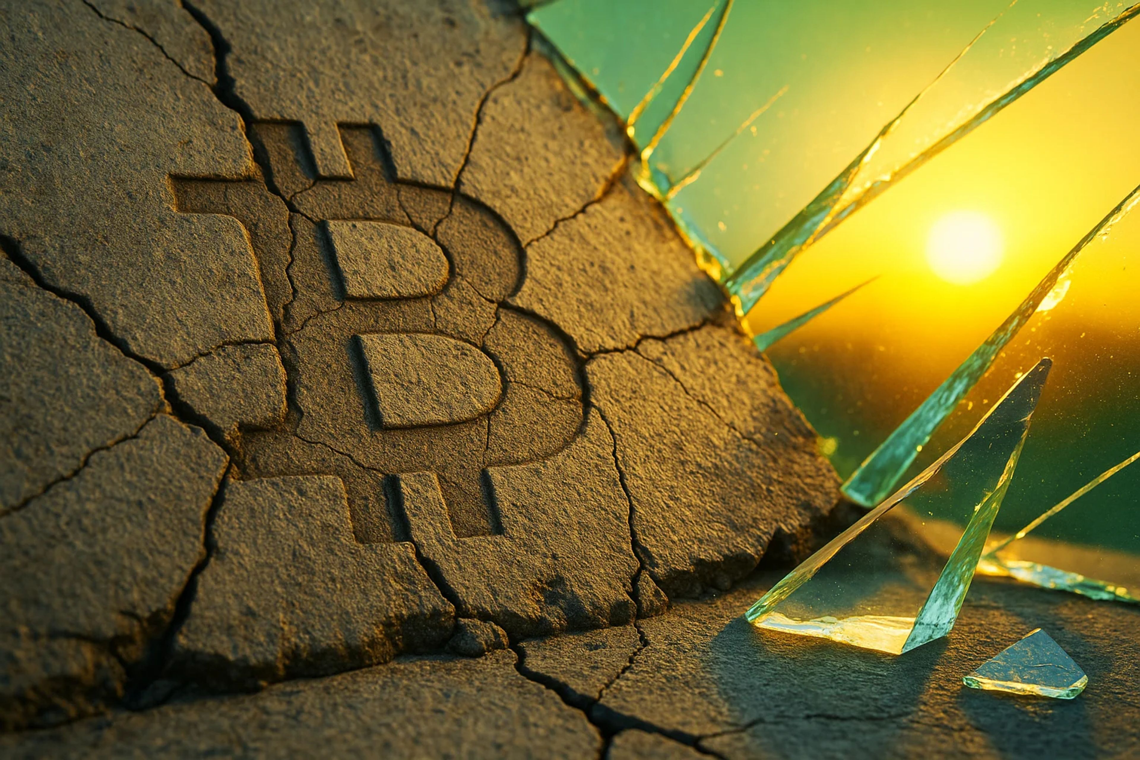 Cracked surface with a Bitcoin symbol and shards