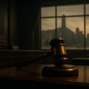 A wooden gavel rests on a desk in a dimly lit