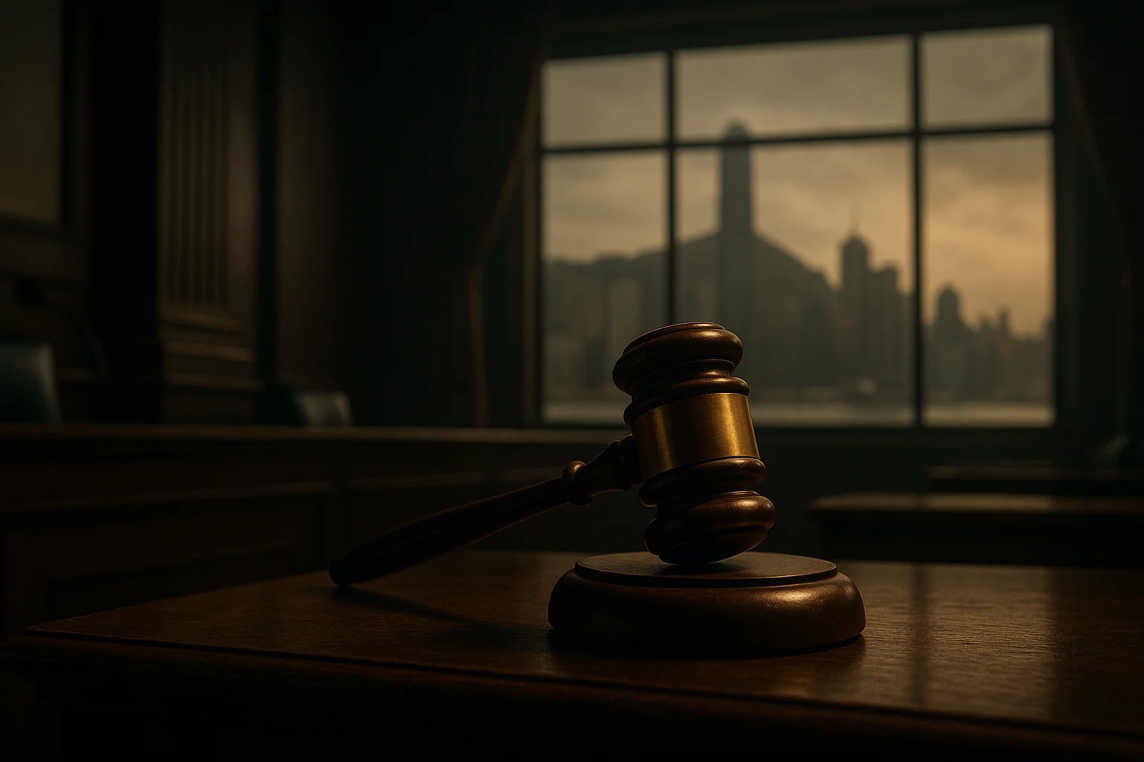 A wooden gavel rests on a desk in a dimly lit