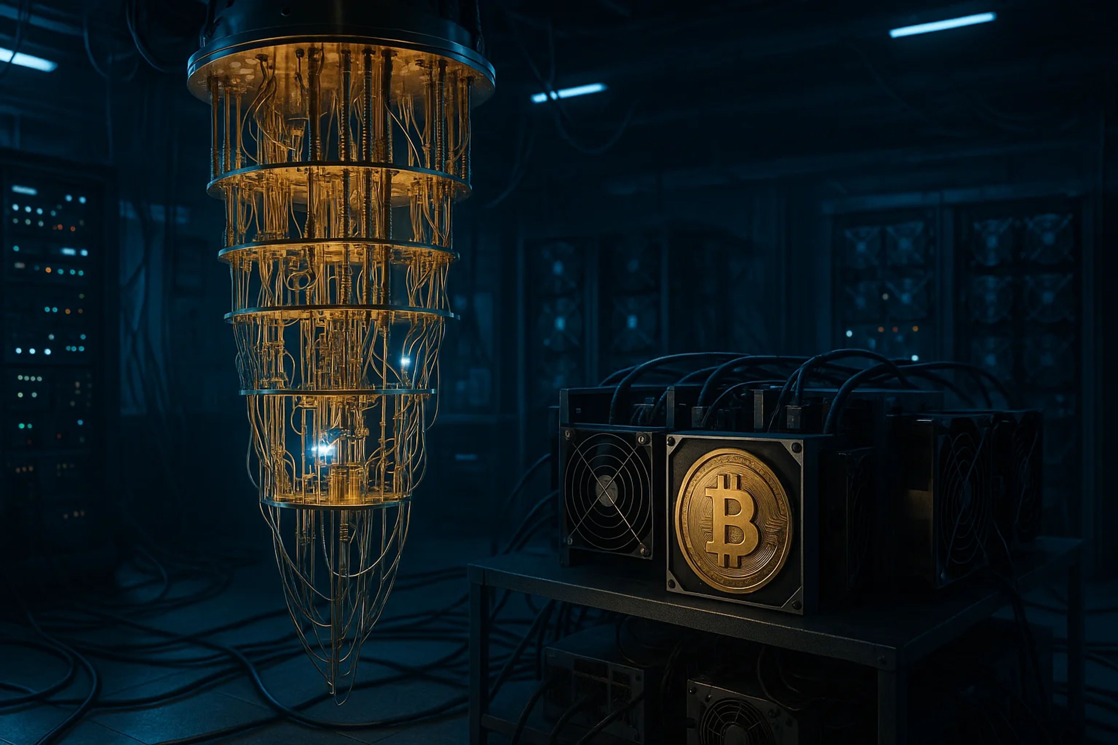 A glowing, intricate chandelier above a Bitcoin