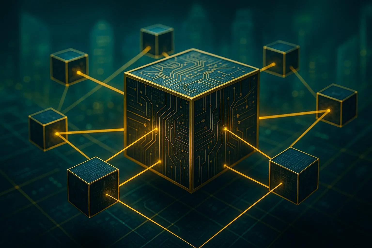 A glowing cube with circuit patterns connected to