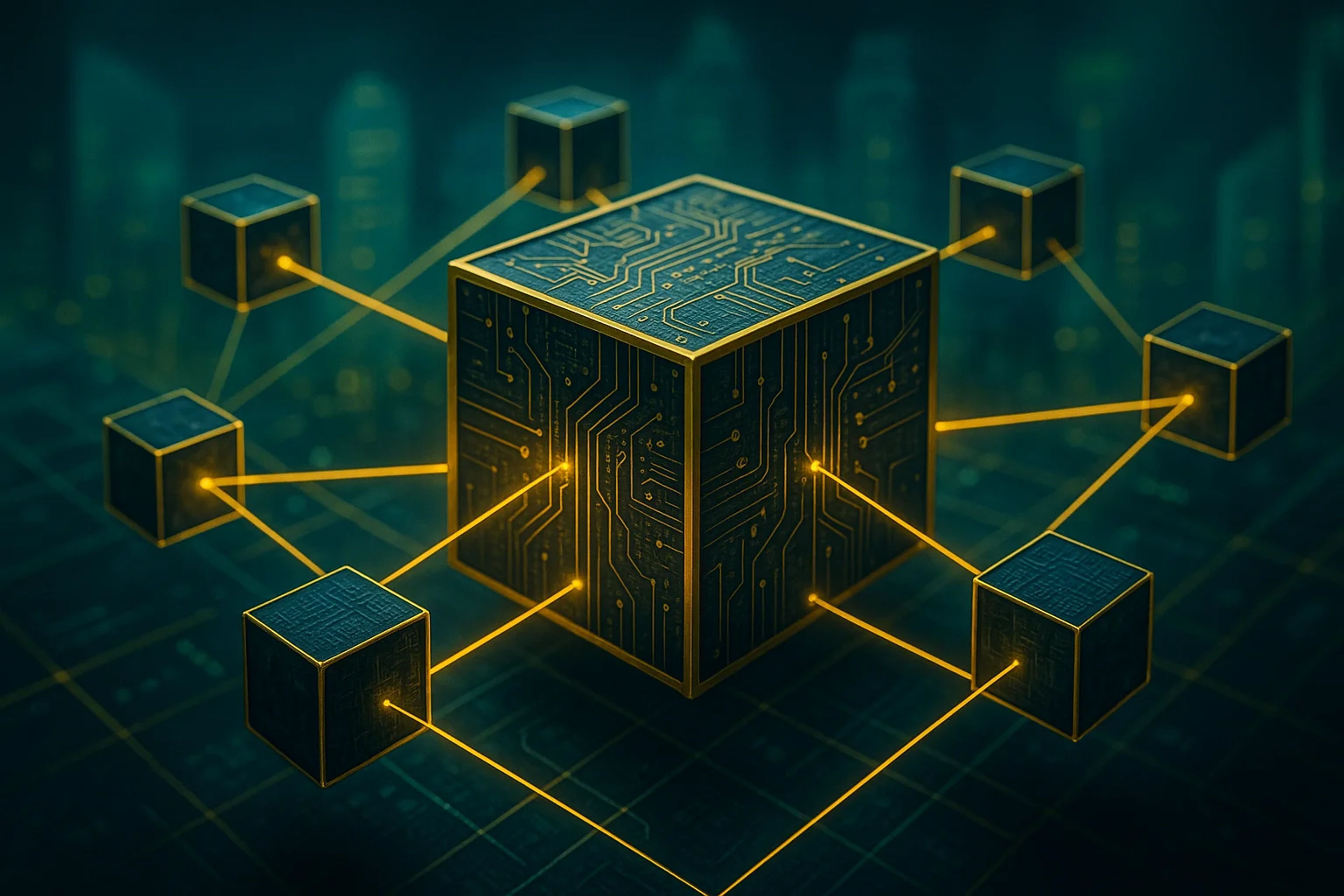 A glowing cube with circuit patterns connected to