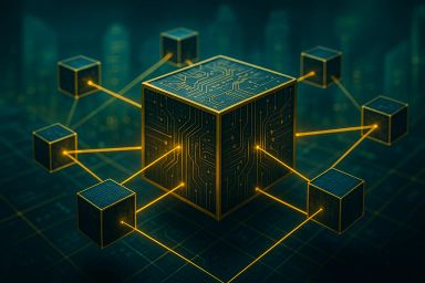 A glowing cube with circuit patterns connected to