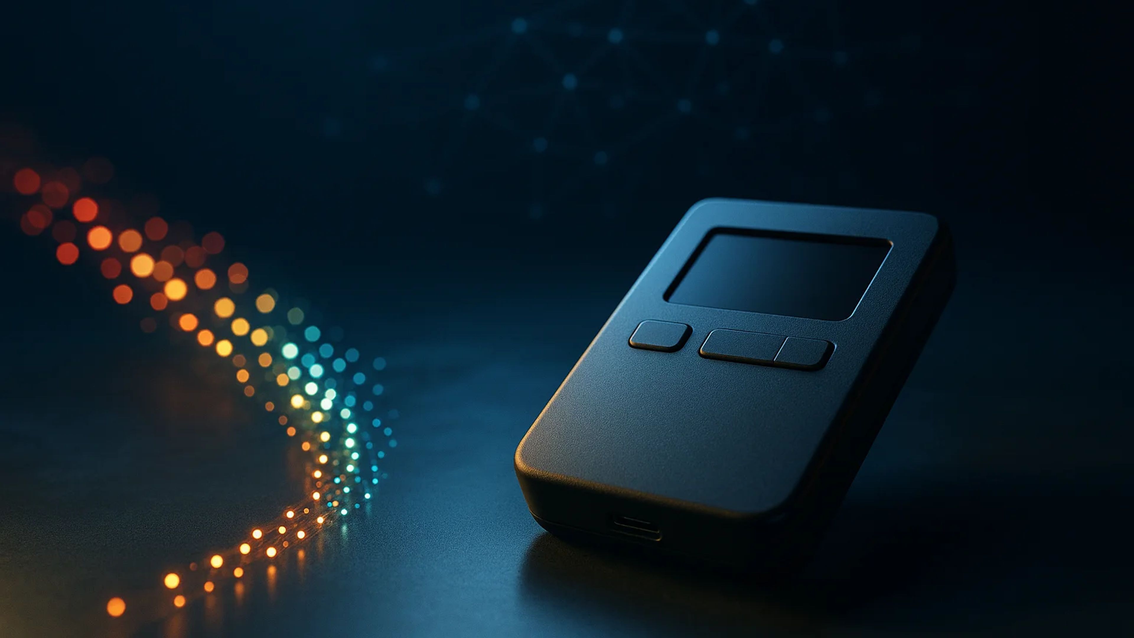 A sleek black device with a screen and buttons