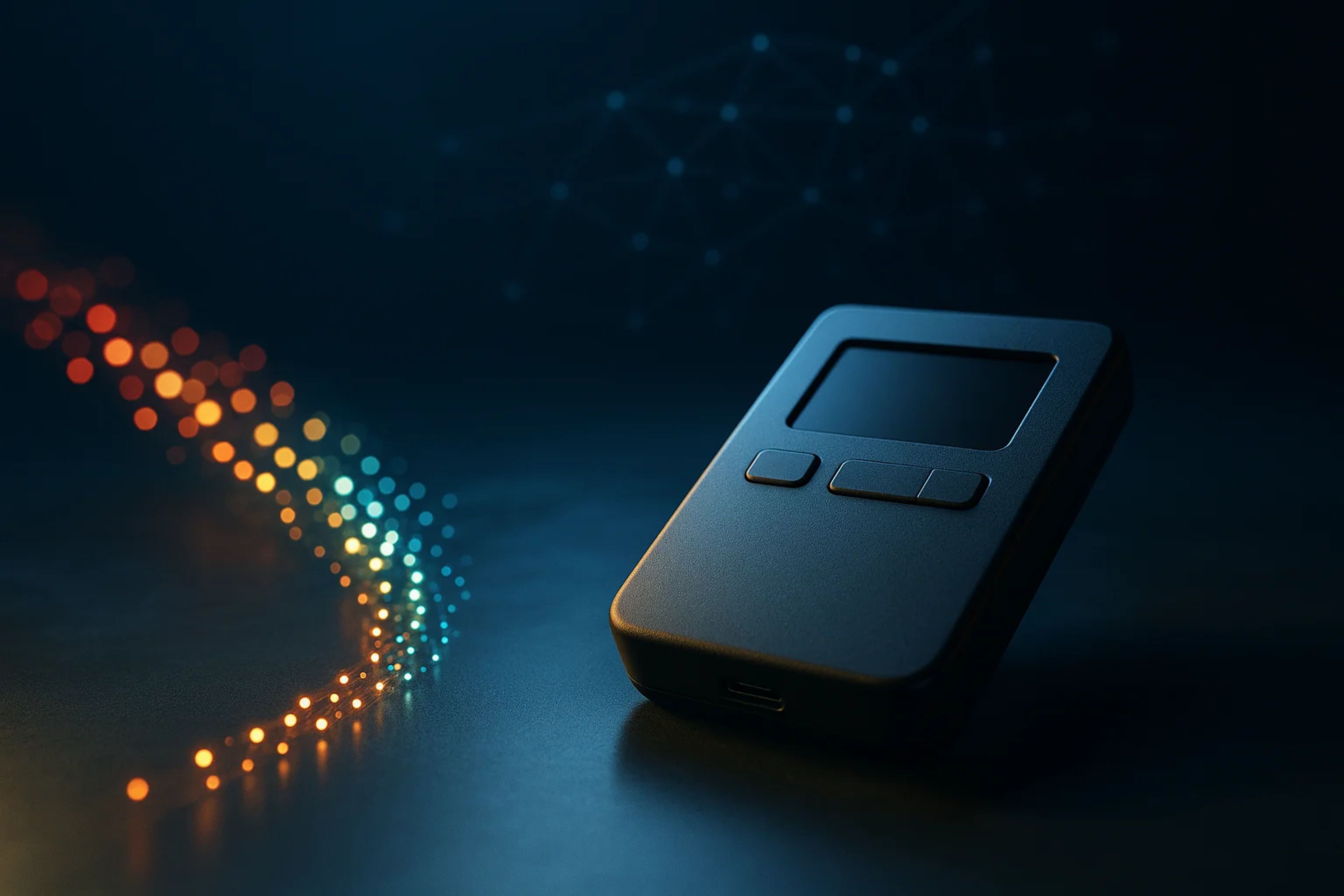 A sleek black device with a screen and buttons