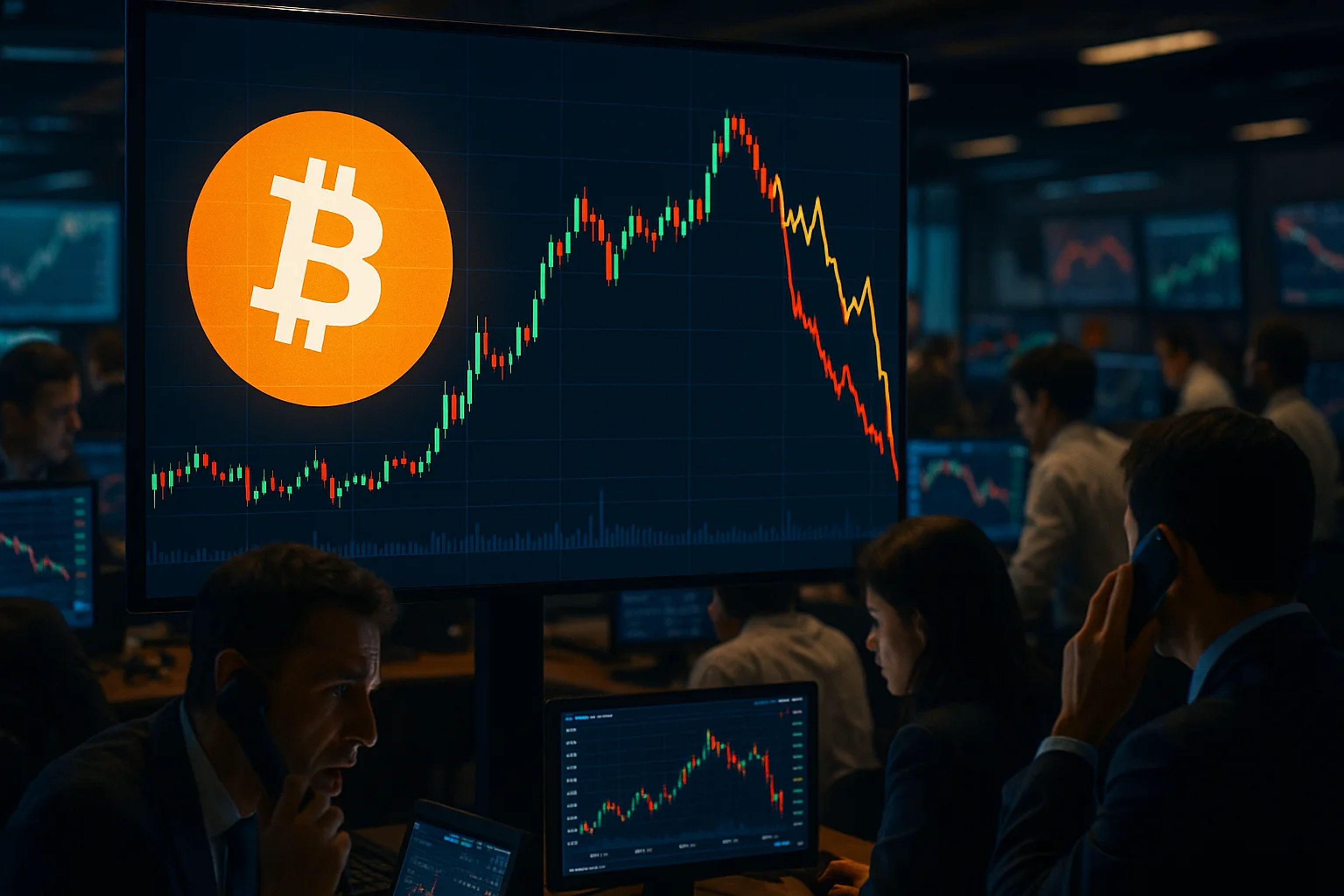 Traders in a dimly lit room analyzing stock charts