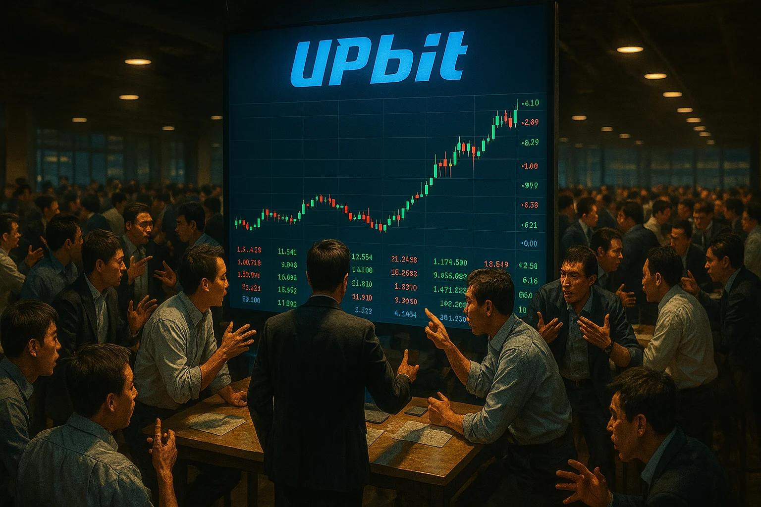 A crowded room of men in suits watching a large