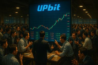A crowded room of men in suits watching a large