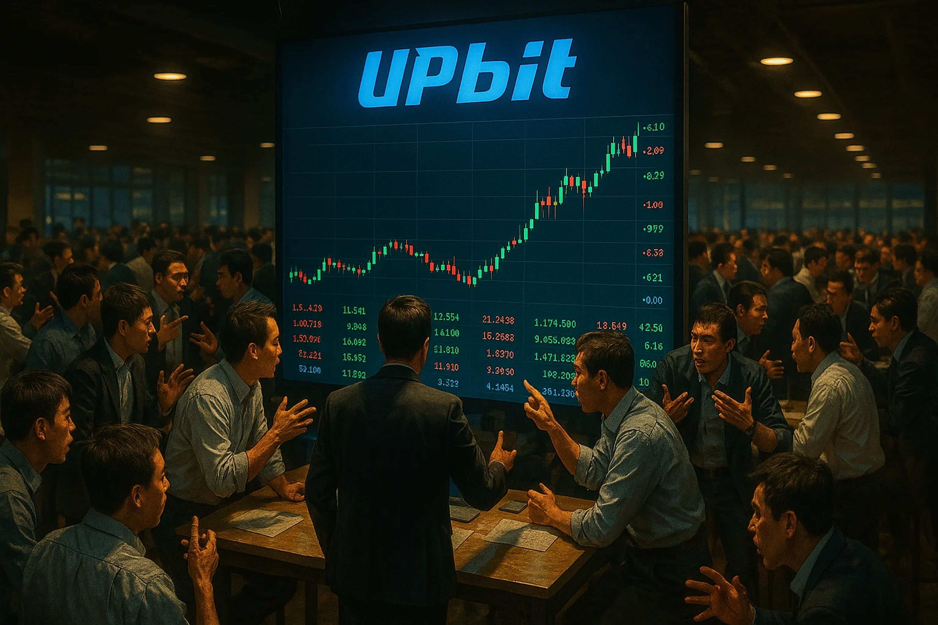 A crowded room of men in suits watching a large
