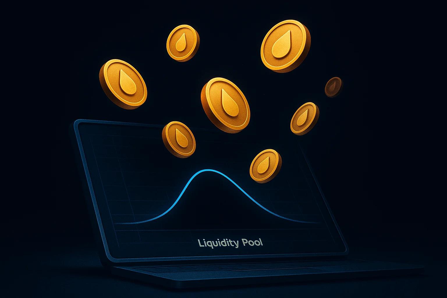 Golden coins floating above a laptop screen
