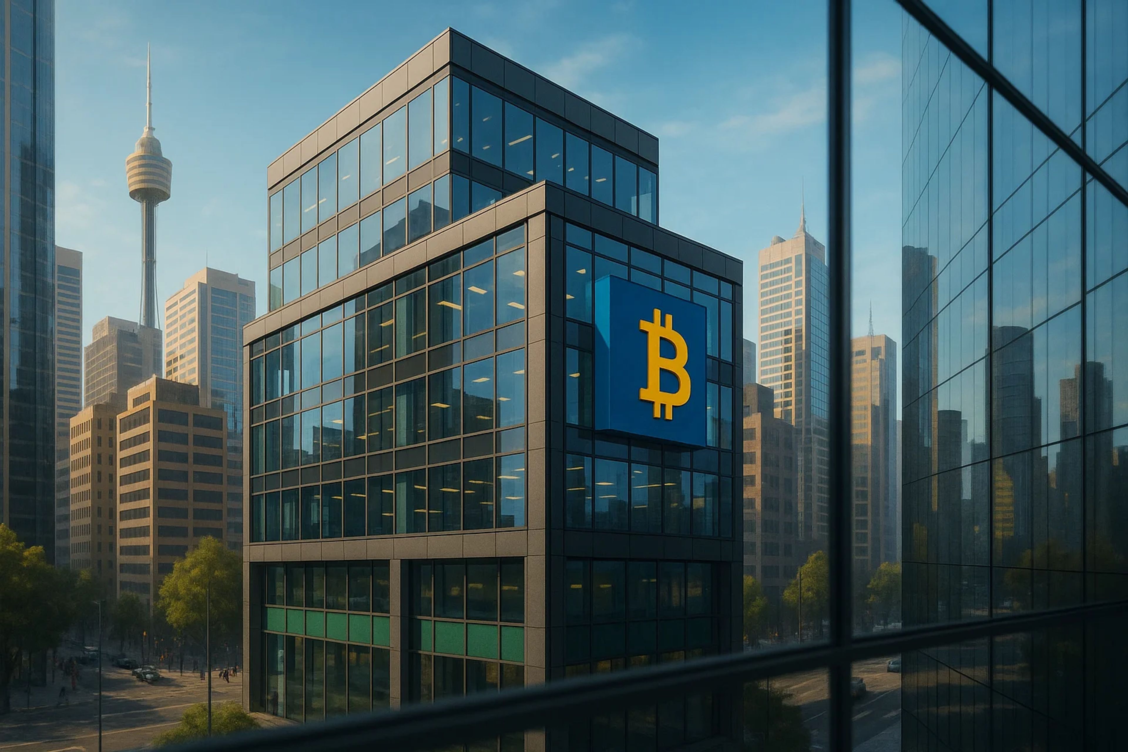 Modern glass building with a Bitcoin symbol, city