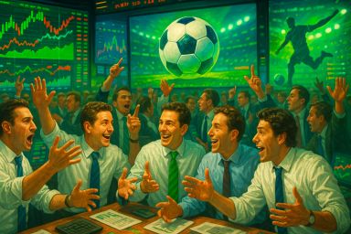 Group of excited men in suits celebrating a