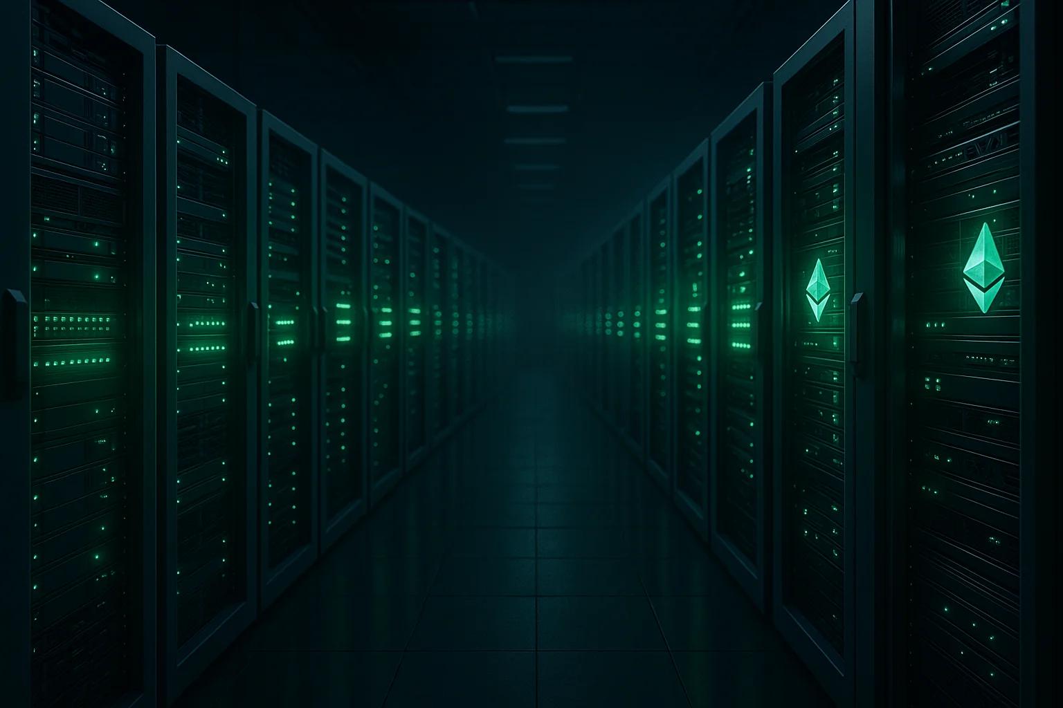 A dimly lit server room with rows of servers